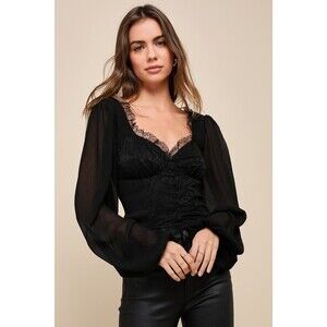 New! Lulus Flirty Expression Black Lace Balloon Sleeve Button-front Top - Size S
